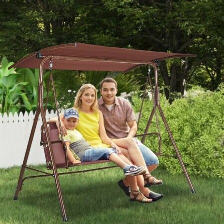 3-Person Patio Swing Chair, Outdoor Patio Swing with Adjustable Canopy, Porch Swing with Armrests, Teslin Fabric and Alloy Steel Frame, for Balcony, Backyard, Patio, Garden, Poolside, Brown