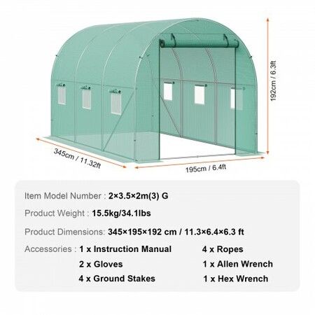 Walk-in Tunnel Greenhouse 11.32x6.4x6.3ft Galvanized Frame PE Cover Green