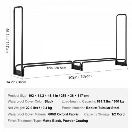 8.5FT Outdoor Firewood Rack with Cover, 102x14.2x46.1 in, Heavy Duty Firewood Holder & 600D Oxford Waterproof Cover for Fireplace, Patio, Indoor/Outdoor Log Storage Rack for 1/2 Cord of Firewood