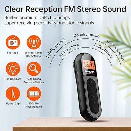 FM Portable Radio, Rechargeable Pocket Radio with Best Reception Digital Tuning, LCD Screen,Belt Clip, Stereo Sound Earphone Jack for Gym, Jogging