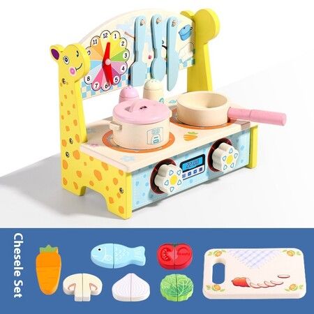 Giraffe Themed 7 Piece Wooden Kitchen Playset Toy Kids Interactive Cooking Toy with Fruit Set Christmas Gift Birthday Presents