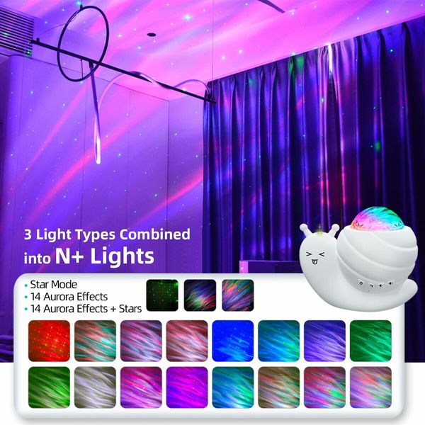 4 in 1 Aurora Galaxy Star Projector Night Light Snail Kid Night Lights for Bedroom with Remote/Music Bluetooth Speaker/Colors Changing(White)