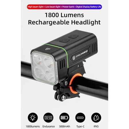 Ultra-Bright Mountain Bike Headlight: Illuminate Trails with 1800 Lumens and USB Rechargeable Convenience