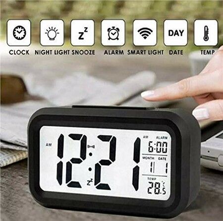 Digital Smart Alarm Clock with Automatic Sensor,Date & Temperature, Alarm Clocks, Alarm Clock for Students, Alarm Clock for Home, Alarm Clock for Bedroom- (Black)