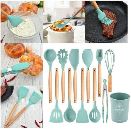 11-Piece Silicone Non-stick Cooking Utensil Set with Heat Resistant Wooden Handles (Green)