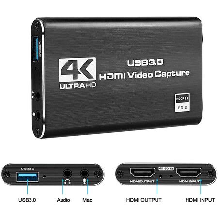 USB 3.0 HDMI 4K Audio/Video Capture Card for Game Recording, Live Streaming, Broadcasting, and Video Conferencing