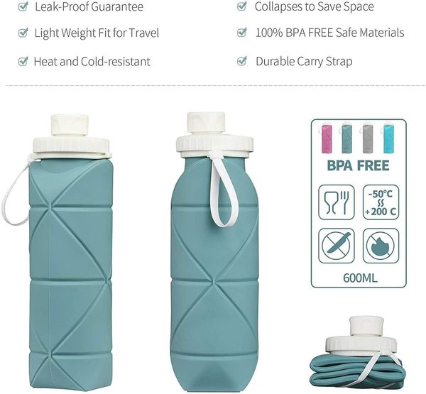 20oz BPA-Free Silicone Travel Water Bottle: Foldable and Leak-Proof Green