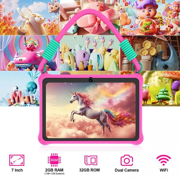 Kids Tablet 7 inch, 32GB Tablet Android 13 with WiFi, Dual Camera, Education, Games, Kids Software Pre-Installed, Parental Control, Pink