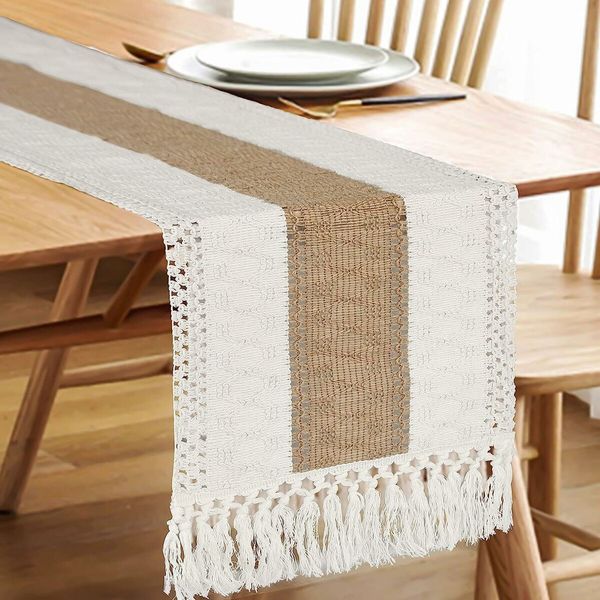 Elegant 108-Inch Macrame Table Runner - Boho Farmhouse Decor for Dining, Bedrooms, and Bridal Showers (Cream & Brown)