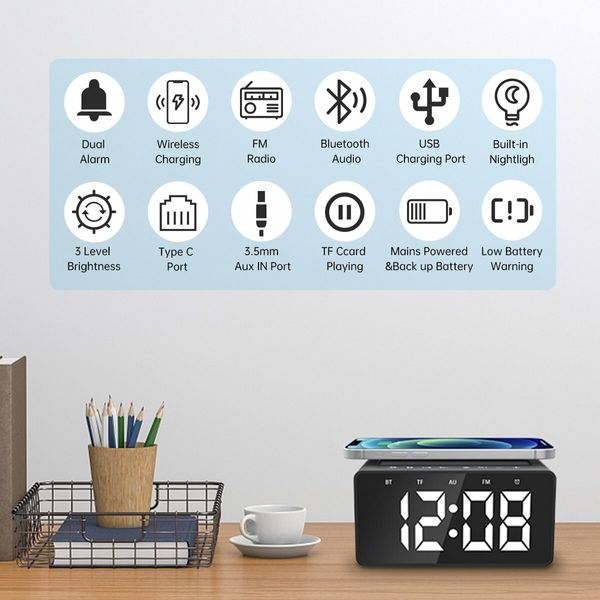 Digital Alarm Clock Radio Wake Up to Convenience with Wireless Charging, USB Fast Charger, Bluetooth Speaker Dimmable LED Display