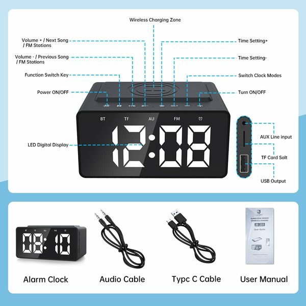 Digital Alarm Clock Radio Wake Up to Convenience with Wireless Charging, USB Fast Charger, Bluetooth Speaker Dimmable LED Display