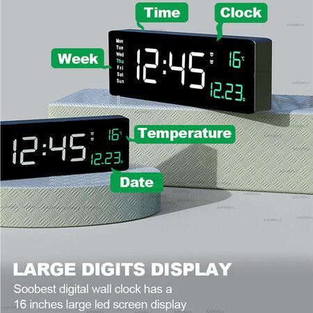 16 Inch Digital Wall Clock with Large LED Display, Dual Alarms Remote Control, Date Week Temperature Functions