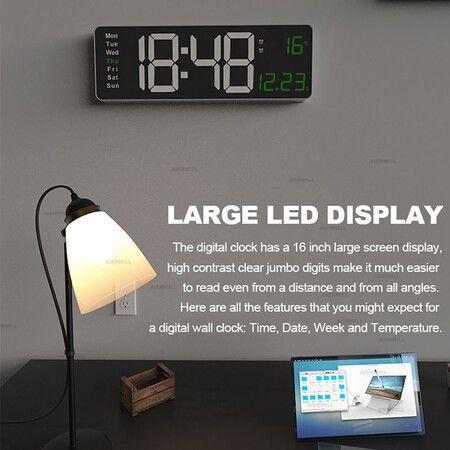 16 Inch Digital Wall Clock with Large LED Display, Dual Alarms Remote Control, Date Week Temperature Functions