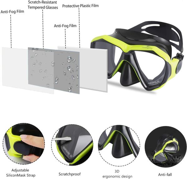 Dry Top Snorkel Set: Anti-Fog Snorkeling Mask with 180° Panoramic Tempered Glass for and Youth