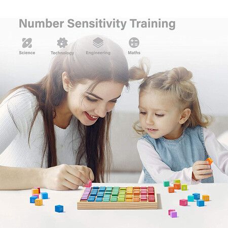 Montessori Multiplication Board Game, 100 Wooden Counting Blocks Interactive Math Learning Toy for Kids Ages 3+