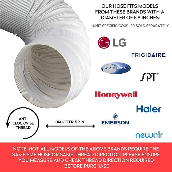 Extendable Air Conditioner Hose: 5.9" Diameter, Anti-Clockwise Thread, Fits LG & Delonghi Units