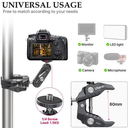 Metal Clamp with Double Ball Head Magic Arm: Versatile Mount for Camera and Monitor