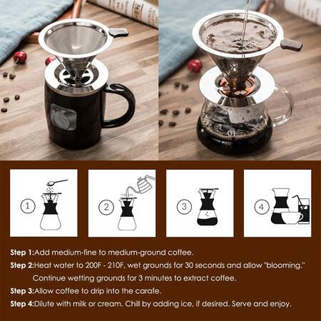 Paperless Pour Over Coffee Filter: Reusable Stainless Steel Cone Filter with Stand，capacity for 1 to 2 cups