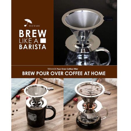 Paperless Pour Over Coffee Filter: Reusable Stainless Steel Cone Filter with Stand，capacity for 1 to 2 cups