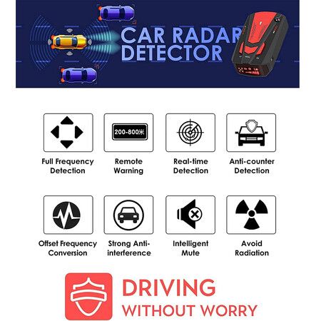 Premium Radar Detector for Cars: Long-Range Detection, Voice Alerts, and Traffic Ticket Protection (Sleek Red)