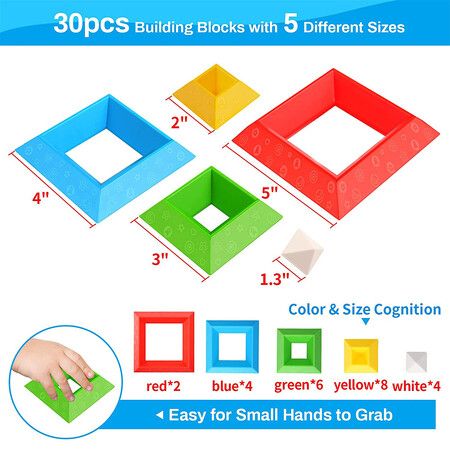 30-Piece Stacking Building Blocks: Preschool Learning Activities, Sensory STEM Toys for 2+ Year Olds