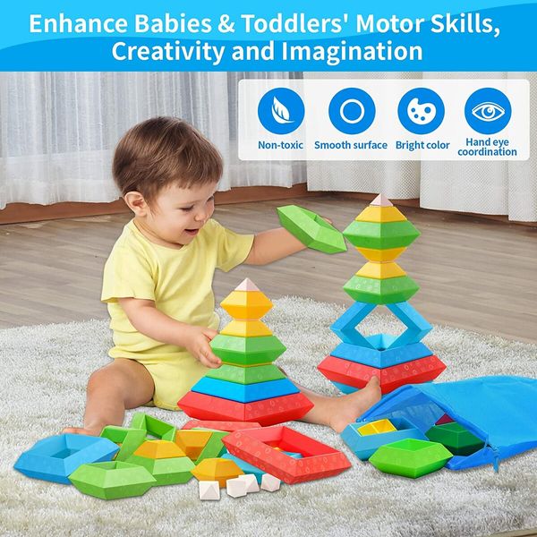 30-Piece Stacking Building Blocks: Preschool Learning Activities, Sensory STEM Toys for 2+ Year Olds