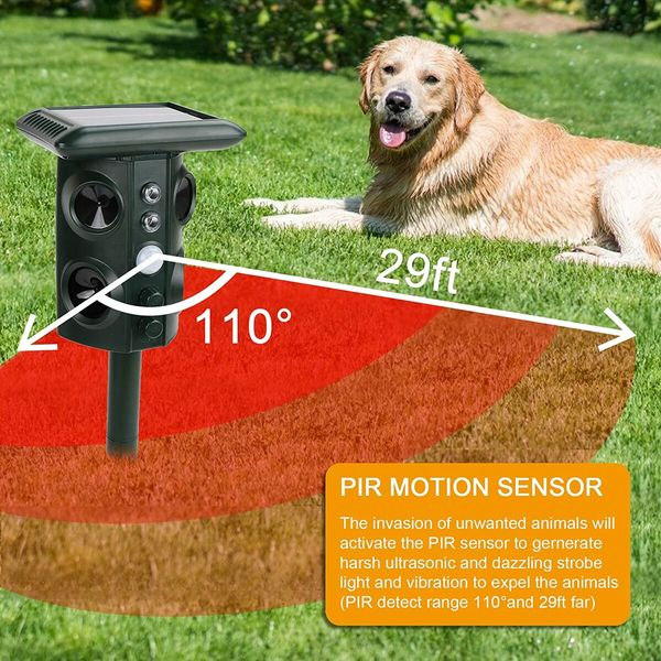 Ultrasonic Solar Animal Repeller Pest Control with Predator Sound, Motion Detection, and LED Strobe Light for Dog, Cat, Squirrel, Mice