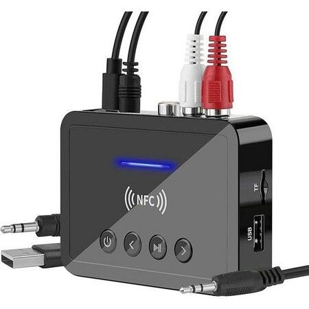 Bluetooth 5.0 Receiver Transmitter for TV, PC, and Headphones - Wireless Audio Adapter with FM Stereo, AUX, RCA, and NFC