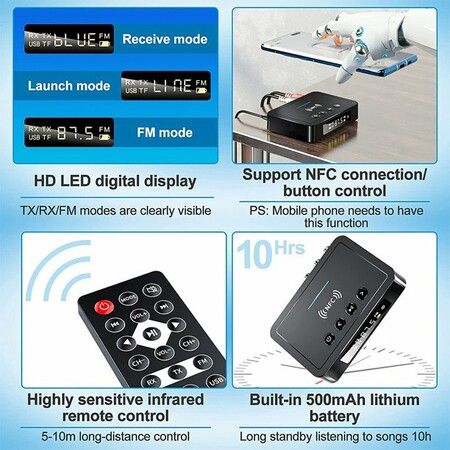 Bluetooth 5.0 Receiver Transmitter for TV, PC, and Headphones - Wireless Audio Adapter with FM Stereo, AUX, RCA, and NFC