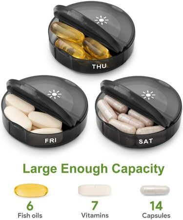 7-Day Pill Organizer - Twice-a-Day AM/PM Pill Box with Large Capacity for Pills, Vitamins, and Supplements (Black