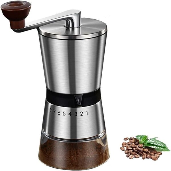 Stainless Steel Coffee Bean Grinder with Ceramic Burrs - Level 8 Manual Silver Grinder