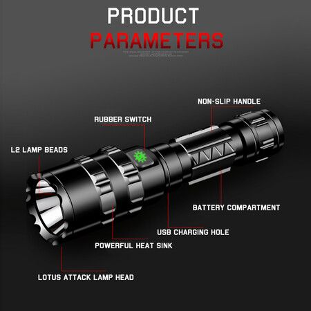 Ultra-Bright Tactical Flashlight Night Scout Torch Set:L2 fish light, USB rechargeable, waterproof