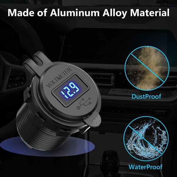 12V Dual QC 3.0 USB Charger with Voltmeter & Power Switch,Waterproof Aluminum Car Charger Adapter for RV Marine Motorcycle Truck Golf Cart RV etc