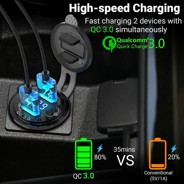 12V Dual QC 3.0 USB Charger with Voltmeter & Power Switch,Waterproof Aluminum Car Charger Adapter for RV Marine Motorcycle Truck Golf Cart RV etc