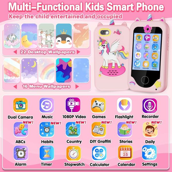 Kids Smart Phone with Dual Cameras, Games, Music, and Touch Screen for Playful Learning and Entertainment