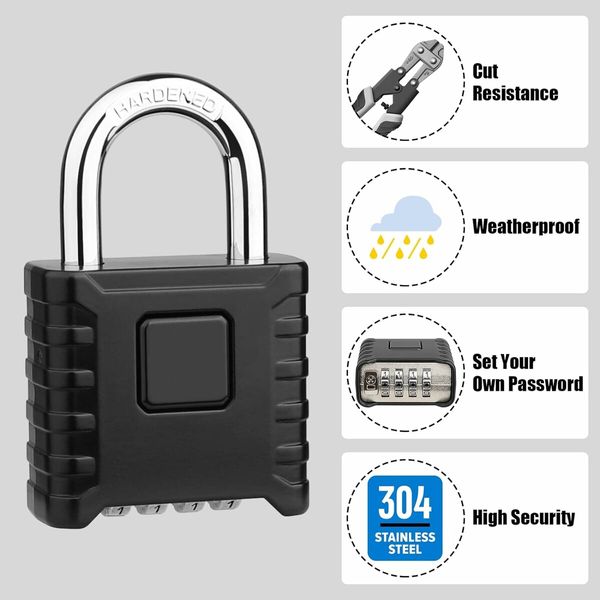 High-Security Outdoor Padlock with One-Touch Unlock, Weatherproof Design, and Hidden Password for Lockers (Black)