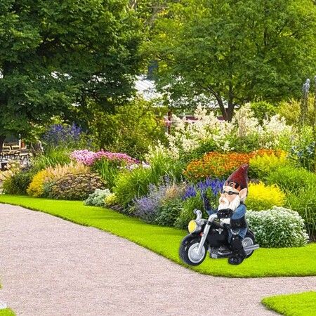 Whimsical Garden Gnome on Motorcycle Statue - White Beard Old Dwarf Home Décor