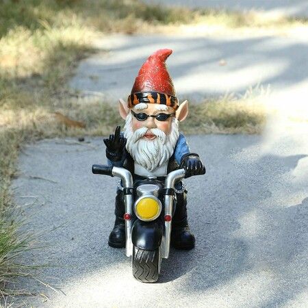 Whimsical Garden Gnome on Motorcycle Statue - White Beard Old Dwarf Home Décor