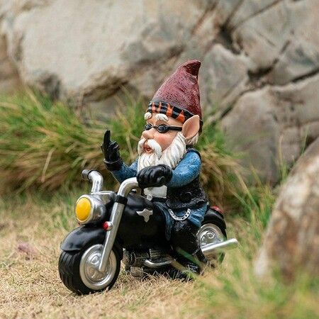 Whimsical Garden Gnome on Motorcycle Statue - White Beard Old Dwarf Home Décor