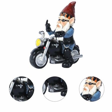 Whimsical Garden Gnome on Motorcycle Statue - White Beard Old Dwarf Home Décor