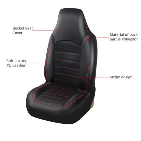 2PCs Universal Classic PU Leather Car Seat Covers/High Back Bucket Seat Protector for Most Vehicles, Complete Set with Red Trim