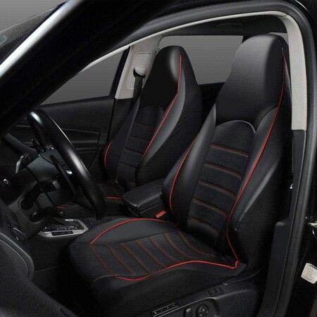 2PCs Universal Classic PU Leather Car Seat Covers/High Back Bucket Seat Protector for Most Vehicles, Complete Set with Red Trim