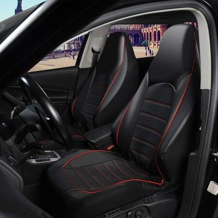 2PCs Universal Classic PU Leather Car Seat Covers/High Back Bucket Seat Protector for Most Vehicles, Complete Set with Red Trim