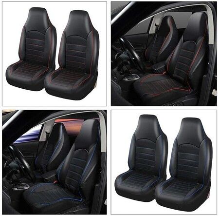 2PCs Universal Classic PU Leather Car Seat Covers/High Back Bucket Seat Protector for Most Vehicles, Complete Set with Red Trim