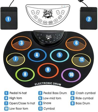 Flexible, Portable Electronic Drum Set for Kids with 12 Hours Playtime, Perfect Holiday or Birthday Gift