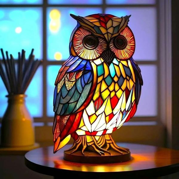 Retro Owl Table Lamp: Stained Resin Tabletop Decor (15 cm)