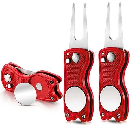 2-in-1 Golf Repair Tool: Durable, Foldable Stainless Steel Divot Tool with Ball Marker, Keeps the Golf Course Looking Great(Red)