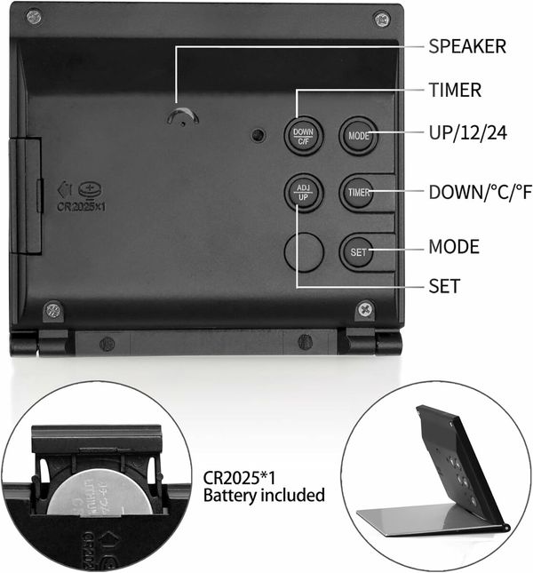 Foldable Travel Alarm Clock: LCD Clock with Calendar, Temperature, and Snooze for All Ages (Black)