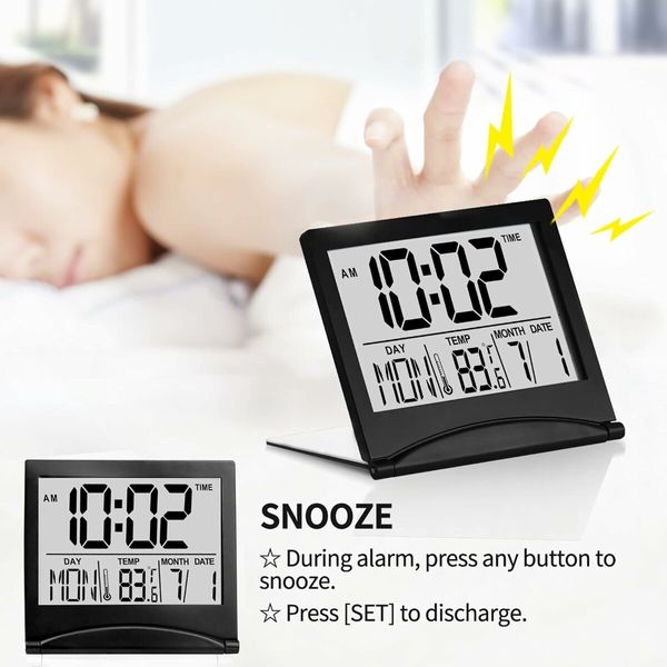 Foldable Travel Alarm Clock: LCD Clock with Calendar, Temperature, and Snooze for All Ages (Black)