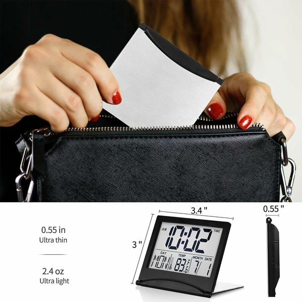 Foldable Travel Alarm Clock: LCD Clock with Calendar, Temperature, and Snooze for All Ages (Black)